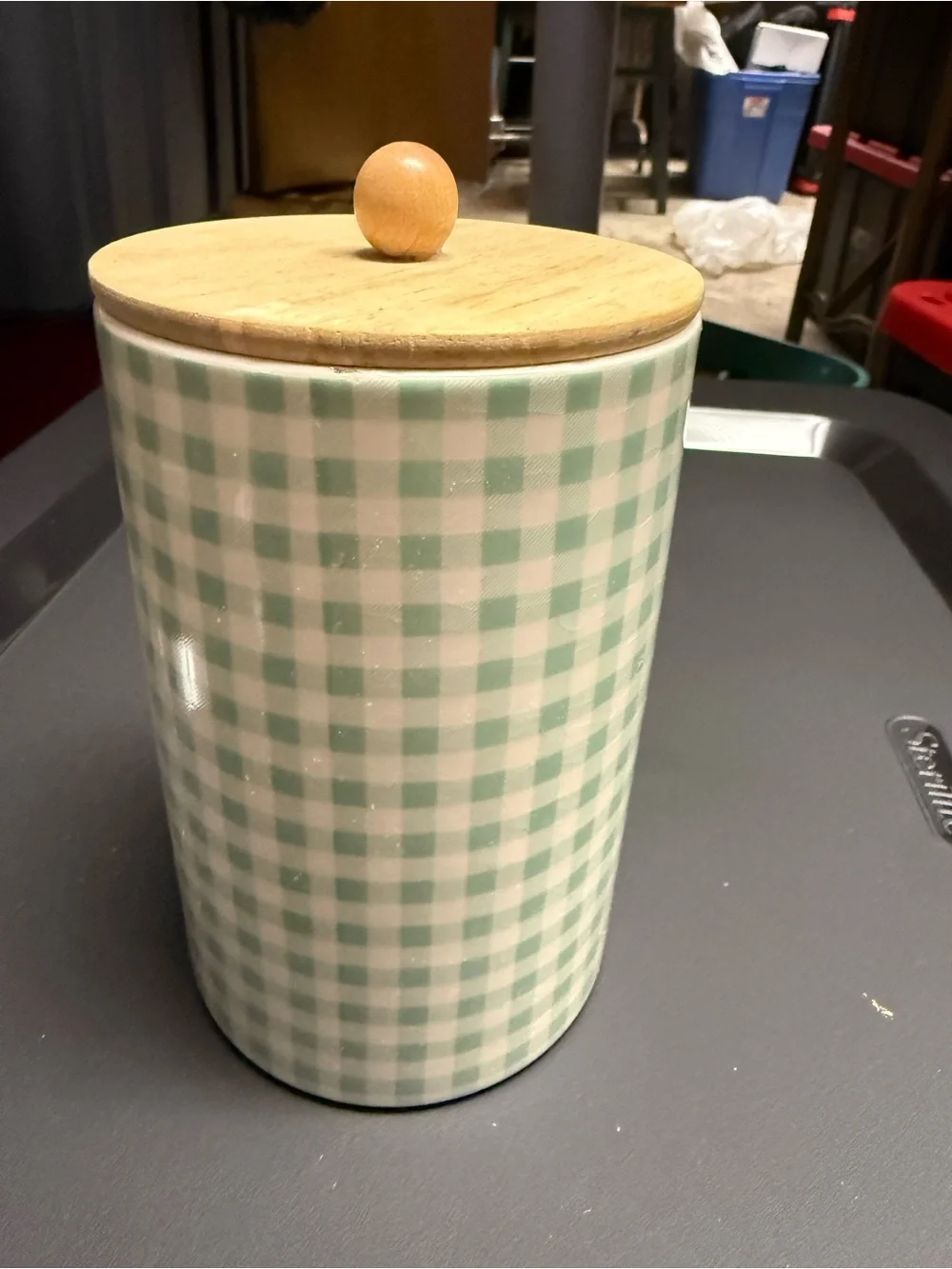 Green Gingham Ceramic Canister with Wooden Lid B2